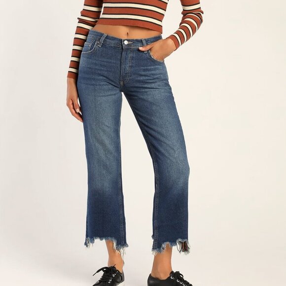 Free People Denim - Free People Maggie Dark Wash Mid-Rise Straight Leg Raw Hem Jeans Size 26 NWT